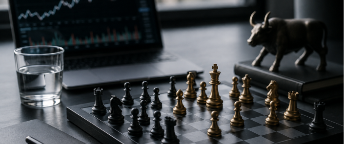 Modern executive workspace featuring a chessboard, market charts, and financial objects symbolizing strategic decision-making in equity-backed lending.