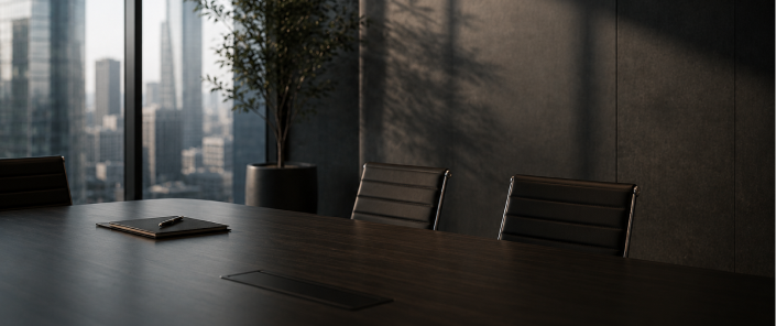 Modern executive boardroom with conference table, leather chairs, and city skyline views.