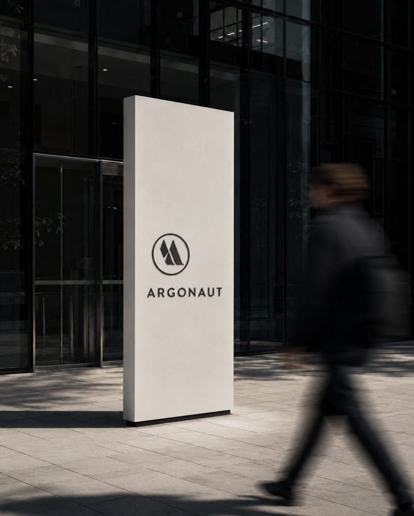 Modern exterior monument sign displaying the Argonaut Capital logo outside a contemporary glass office building with a blurred pedestrian walking past.